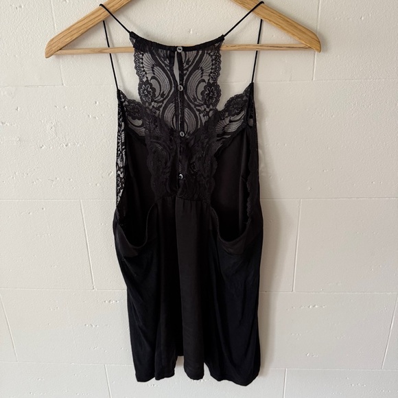Black Lace Cami | Satin Slip Top Lingerie Style Spaghetti Strap | Size Medium - Picture 6 of 6